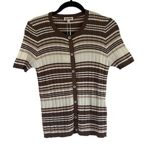 Djerf Avenue Knitted Short Sleeve Cardigan in Brown Stripe NWT Medium